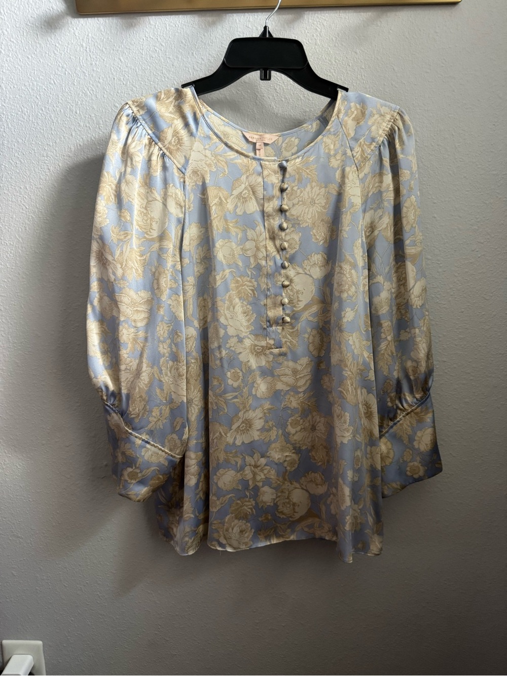 Rebecca Taylor Floral Silk Button-Front Blouse in Light Blue and Cream
